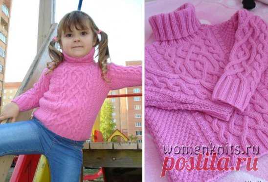 Розовый детский пуловер спицами с аранами
Описание: http://womanknits.ru/vyazanie-dlya-detej/pulovery-svitera-topy/rozovyj-detskij-pulover-spicami-s-aranami