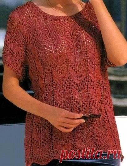 Летняя удлинённая ажурная блузка спицами
