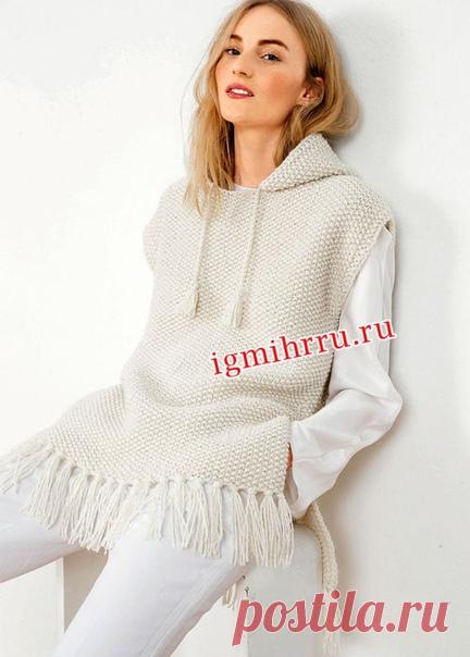 БЕЛЫЙ ШЕРСТЯНОЙ ЖИЛЕТ С КАПЮШОНОМ

Размеры: 36/38 (40/42) 44/46 
Размеры российские: 42/44 (46/48) 50/52 

Вам потребуется: 900 (1000) 1100 г жемчужно-белой пряжи (50% овечьей шерсти, 50% шерсти альпака; 200 м/100 г); спицы № 7; круговые спицы № 3,5 длиной 40 см. 

Внимание: изделие вяжется двойной нитью! 

Техника вязания. 
Жемчужный узор: вязать попеременно 1 лиц. и 1 изн., узор смещать на 1 п. в каждом ряду. 

Плотность вязания: 13 п. и 24 р. = 10 х 10 см. 

ОПИСАНИЕ РА...