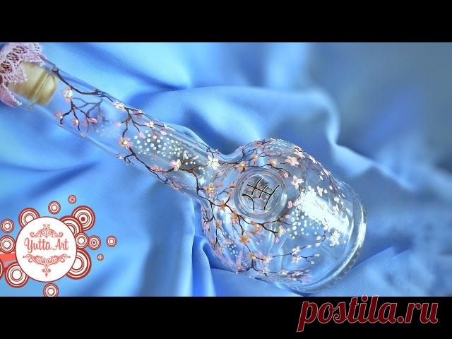 Декор бутылки. Ветка сакуры. Как нарисовать