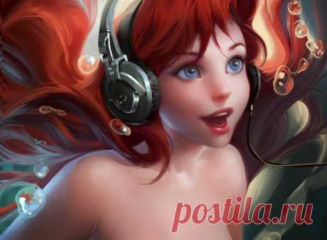 Скачать Русалки Наушники Капли Красный Волосы Фэнтези изображение в разрешении 1920x1409