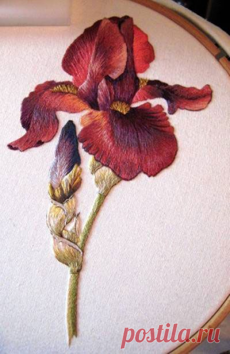 Gorgeous hand embroidery  / M Cobleigh embroidered this Spartan Iris designed by Trish Burr - lovely needle painting!  / из NeedlenThread.com   |   Pinterest: инструмент для поиска и хранения интересных идей