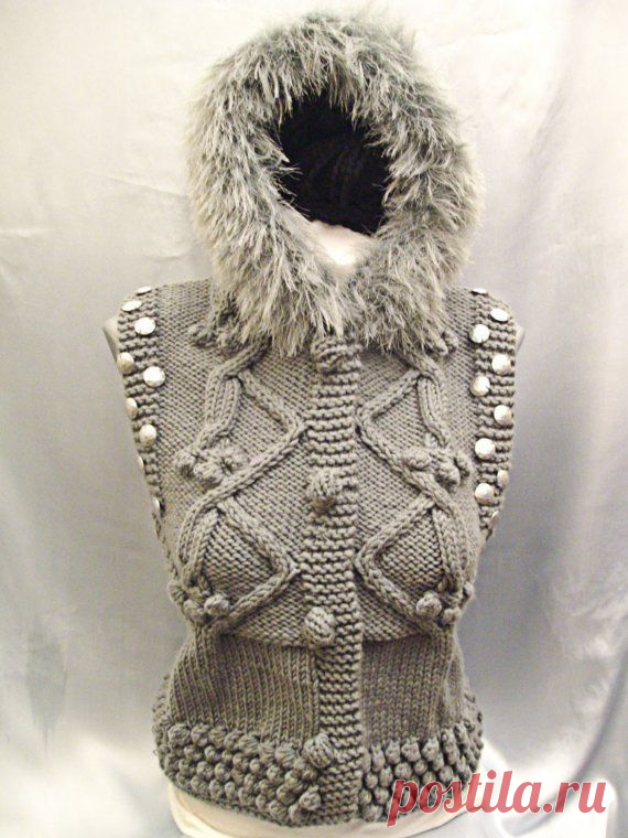 Handmade knit Gorgeus grey waistcoat with hood