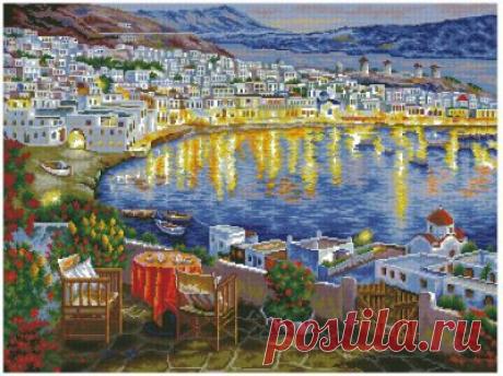 схема для вышивки крестом ночного пейзажа Вечер у моря