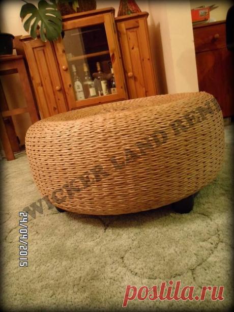 Пуф из шины, оплетенной бумажными трубочками | oblacco