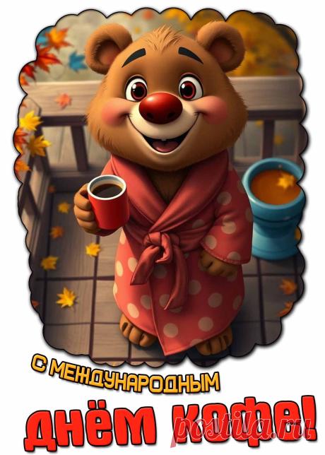 С Днем кофе! Пусть жизнь будет такой же насыщенной, как двойной эспрессо, и такой же сладкой, как карамельный макиато. Вкусного кофепития и отличного настроения! Открытки на Международный день кофе!