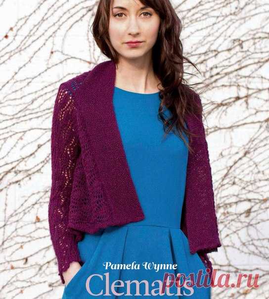 Укороченный жакет спицами с ажурным узором.