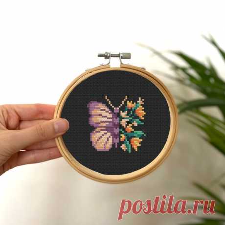 Patrón de punto de cruz diminuto de mariposa de flor morada, mini insecto de punto de cruz, patrón de insecto pequeño y fácil, patrón floral de punto de cruz simple - Etsy España