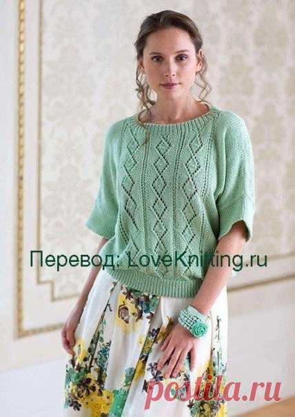 Пуловер цвета мяты

Модель из журнала The Knitter 2014 г. Перевод: LoveKnitting.ru

Элегантную модель с коротким рукавом от Sarah Hatton украшает прекрасный цвет пряжи и нежный ажурный узор.

Размер: S-M/L

ВАМ ПОНАДОБИТСЯ

400/500/500/500/500/600/600/600 г пряжи цвета мяты (100% акрил, 200 м/100 г);
спицы № 3,25 и № 4, круговые спицы № 3,25 длиной 40 см.
УЗОРЫ

Резинка 1 х 1: попеременно 1 лиц. п., 1 изн. п.;

Лицевая гладь: лиц. р. – лиц. п., изн. р – изн. п.;

Ажурный у...