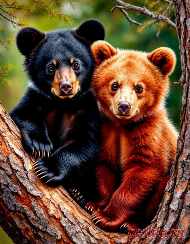Два медвежонка сидят на дереве. Один медвежонок черный, а другой рыжий. Черный медвежонок опирается передней лапой на ствол дерева. У рыжего медвежонка, шерсть выглядит мягкой и пушистой. Карл Брендерс (Carl Brenders) — бельгийский художник-анималист.