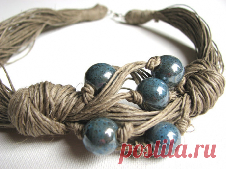 Ceramic Navy Blue linen necklace