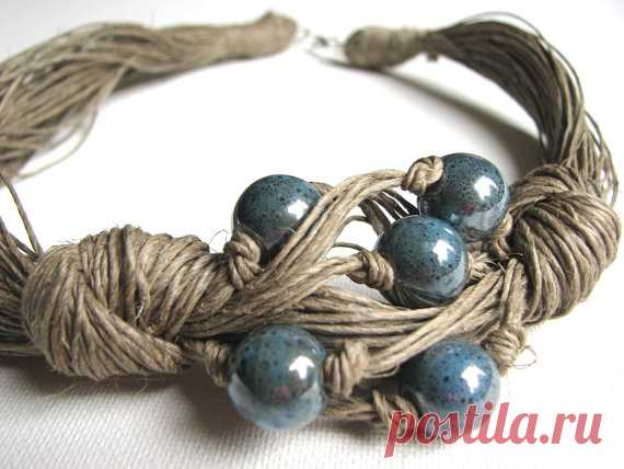 Ceramic Navy Blue linen necklace
