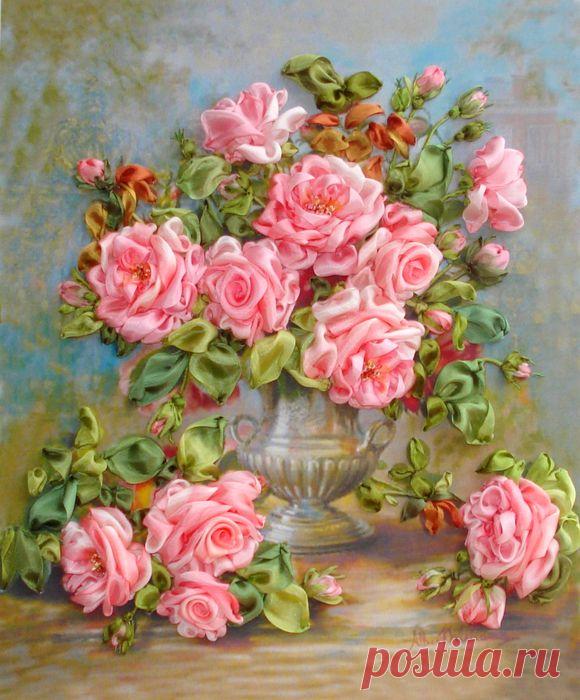 Розы в серебряной вазе. / Вышивка / Вышивка лентами