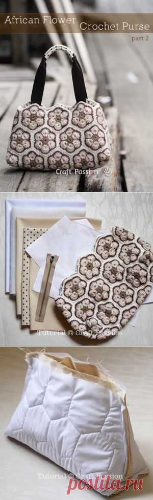 Sewing | Crochet Purse With Lining | African Flower Motif | Free Pattern & Tutorial at CraftPassion.com - Part 2