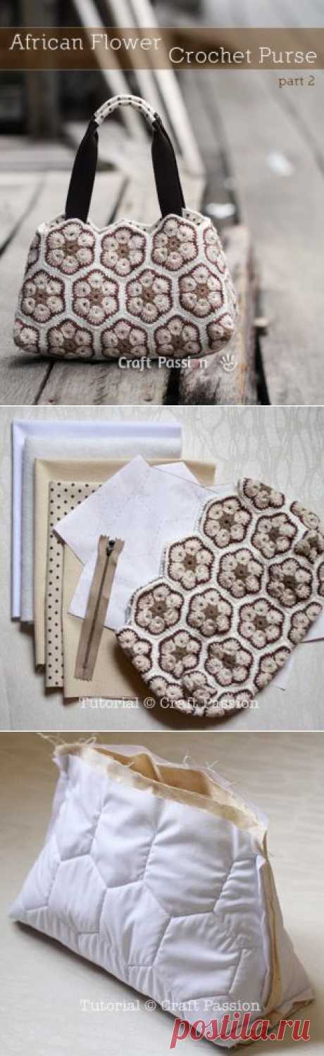 Sewing | Crochet Purse With Lining | African Flower Motif | Free Pattern &amp; Tutorial at CraftPassion.com - Part 2