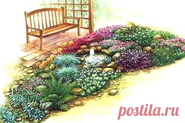 Красивый цветник "Розовые мечты" с маленьким фонтаном