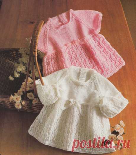 baby knitting pattern vintage dresses in double knit or 4 ply sizes 14 16 and 18 inch chest This item is a PDF file of the knitting pattern for these gorgeous baby items.    The pattern will be available for download upon receipt of payment, for you to print out or read from your computer.    These stunning dresses can be knit in either 4 ply or dk yarn (patterns given for both, for both dresses). I think these are fabulous!    All patterns are sent with a UK/USA needle conversion chart.