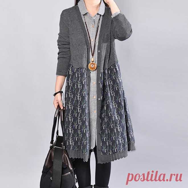 Leisure Women Spring Autumn Knitting Splicing Printing Gray Dress – Buykud