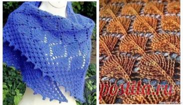 Шаль узором "листья". Схема | Вязание шали спицами Понадобится:150 г. или 330 м. пряжи средней толщиныспицы № 5Описание.Набрать 3 петли. Связать лицевыми петлями 6 рядов. Подцепить 3 петли из ближнего края кромочных петель и 2 петли из наборного края. Из полотна должен сформироваться U-образный уголок, на спицах &mdash; 8 петель.На схемах...