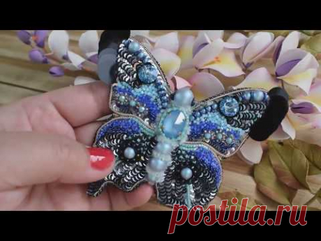 Вышивка бисером и пайетками. Брошь подвеска бабочка "Морфо".Beaded Brooch butterfly (embroidery).