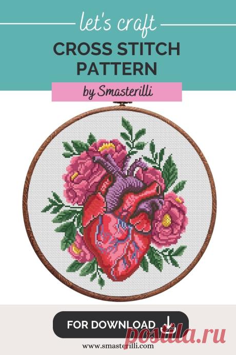 Anatomical heart cross stitch pattern with flowers and plants. Embroidery ornament by Smasterilli. Digital cross stitch pattern for instant download.