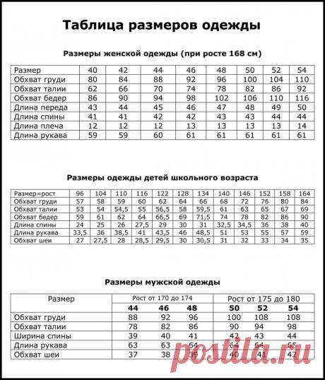 Таблица размеров одежды