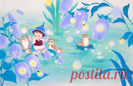 Цветение в иллюстрациях береговой животных Hotarukusa, светлячка и резвиться фея и белка