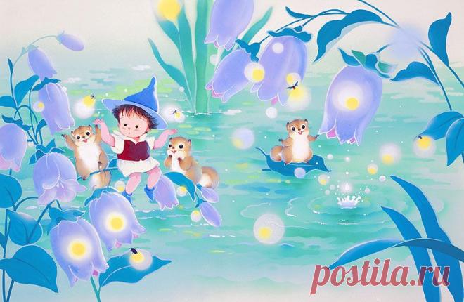 Цветение в иллюстрациях береговой животных Hotarukusa, светлячка и резвиться фея и белка