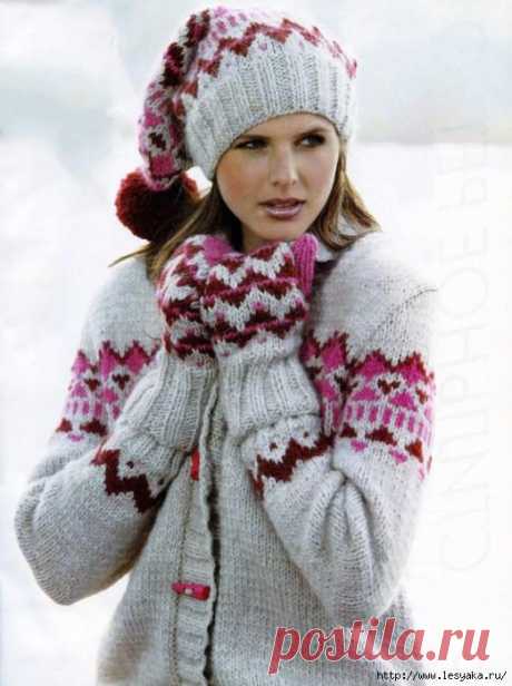 Модный женский комплект спицами: шапка, варежки и кардиган &amp;raquo; Женский Мир