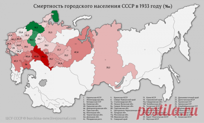 Опубликована опровергающая голодомор карта смертности в СССР в 1933 году Блогер из Перми Владимир Стечкин представил данные советских ЗАГСов о смертности городского и сельского населения большинства регионов СССР за 1933 год в виде карты.  Подобная работа, по словам автора…