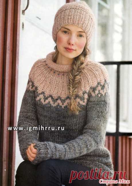 * Серо - бежевый пуловер с круглой кокеткой. - Жаккард - Страна Мам