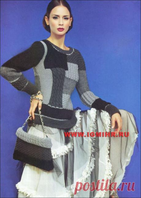 Элегантный пуловер и сумочка, выполненные в технике пэчворк, от итальянских дизайнеров. Спицы