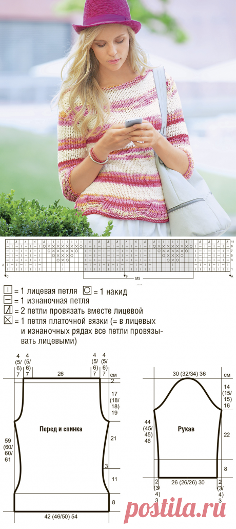 Джемпер в полоску с ажурным краем - схема вязания спицами. Вяжем Джемперы на Verena.ru