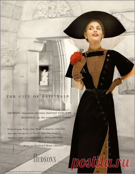Ricki VanDusen, photo by John Rawlings in the Detroit Institute of Arts, Harper's Bazaar, April 1949