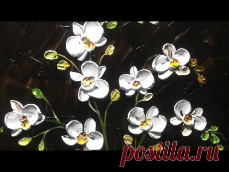 White orchid on wood -  Palette Knife Painting