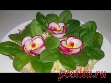 На вкус просто Волшебный! Салат с копченой курицей на любой Праздничный стол. нам потребуется:вареный картофель 2 штгрибы 150 грлук репчатый 1 штогурец свежий 1 штредис 5 штокорочок копченый 1 шткукуруза 1 банка маленькаяукропсоль и перец по вкусумайонездля украшения салата( шпигат,желток,редис,зерна граната)