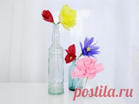 Цветы из креповой бумаги: тюльпан, ромашка и пион