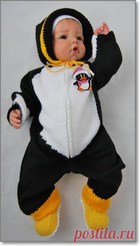 Вязаный комбинезон для новорожденных. Вязаный комбинезон спицами «Пингвин». Описание.