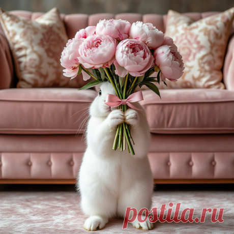 «Белый пушистый кролик стоит на задних лапах, в передних лапах держит …» — картинка создана в Шедевруме белый пушистый кролик стоит на задних лапах, в передних лапах держит пышный букет пионов, перевязанный розовой тесьмой. кролик стоит на мягком ковре, сзади фон бледно розовый диван с подушками декоративными.  голова кролика скрывается за букетом пионов