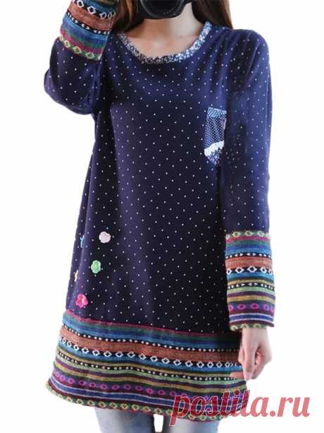 Ethnic Polka Dot Printed Stereo Flower Stitching Loose Fleece Dresses Online - NewChic