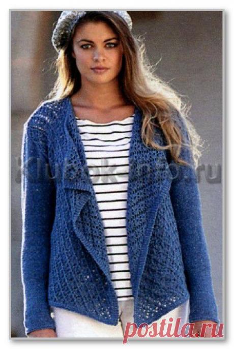 Вязание спицами. Женские модели. Жакет без застежки, с ажурными полочками. Размеры: 36(38)40(42)44(46)