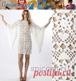 Платье-туника из ажурных квадратов | Вязание спицами, крючком, уроки вязания