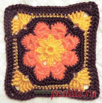 Вяжем большой квадратный мотив по типу африканского цветка крючком со схемой и описанием. Открывается долгоиграющий проект - одеяло из мотивов за год.