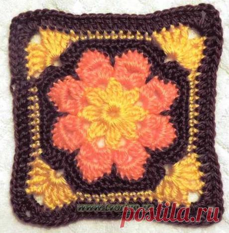 Вяжем большой квадратный мотив по типу африканского цветка крючком со схемой и описанием. Открывается долгоиграющий проект - одеяло из мотивов за год.