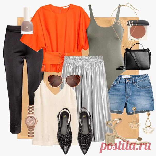 Отправляясь в солнечные края, создавайте простые образы, подчеркнув свой легкий загар с помощью тканей с эффектом металлик, блестящих аксессуаров и ярких моделей в оранжевых тонах! #HM