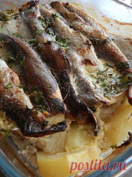 Хек, запечённый с картофелем, под сливочно-горчичным соусом