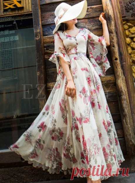 Vintage Flare Sleeve Chiffon Beach Beaded Print Dress | Ezpopsy.com
