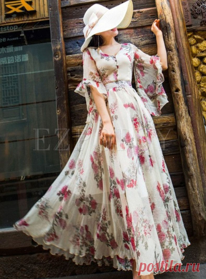 Vintage Flare Sleeve Chiffon Beach Beaded Print Dress | Ezpopsy.com