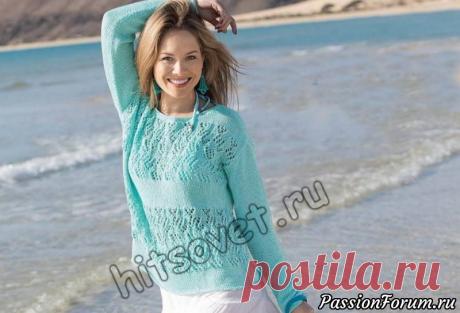 Вязаный летний джемпер - запись пользователя Лисик (Светлана) в сообществе Вязание спицами в категории Вязание для женщин спицами. Схемы вязания спицами Вам потребуется: 450 (500, 550) грамм мятной пряжи, состоящей из 100% хлопка; длиной нити 110 метров в 50 граммах; спицы № 4; круговые спицы № 3,5.  Размеры джемпера: 38-40 (42-44, 46-48).