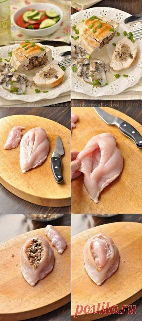 куриные грудки фаршированные гречкой и шампиньонами, тушенные в сливочно-грибном соусе